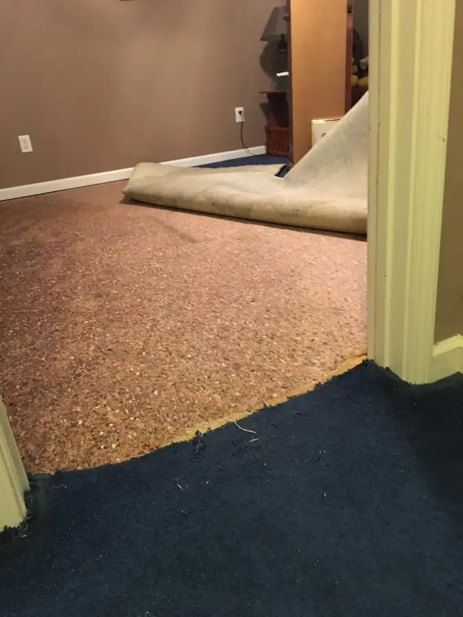 Carpet pad removal revealing water damage during Water Mitigation Services in Hoover